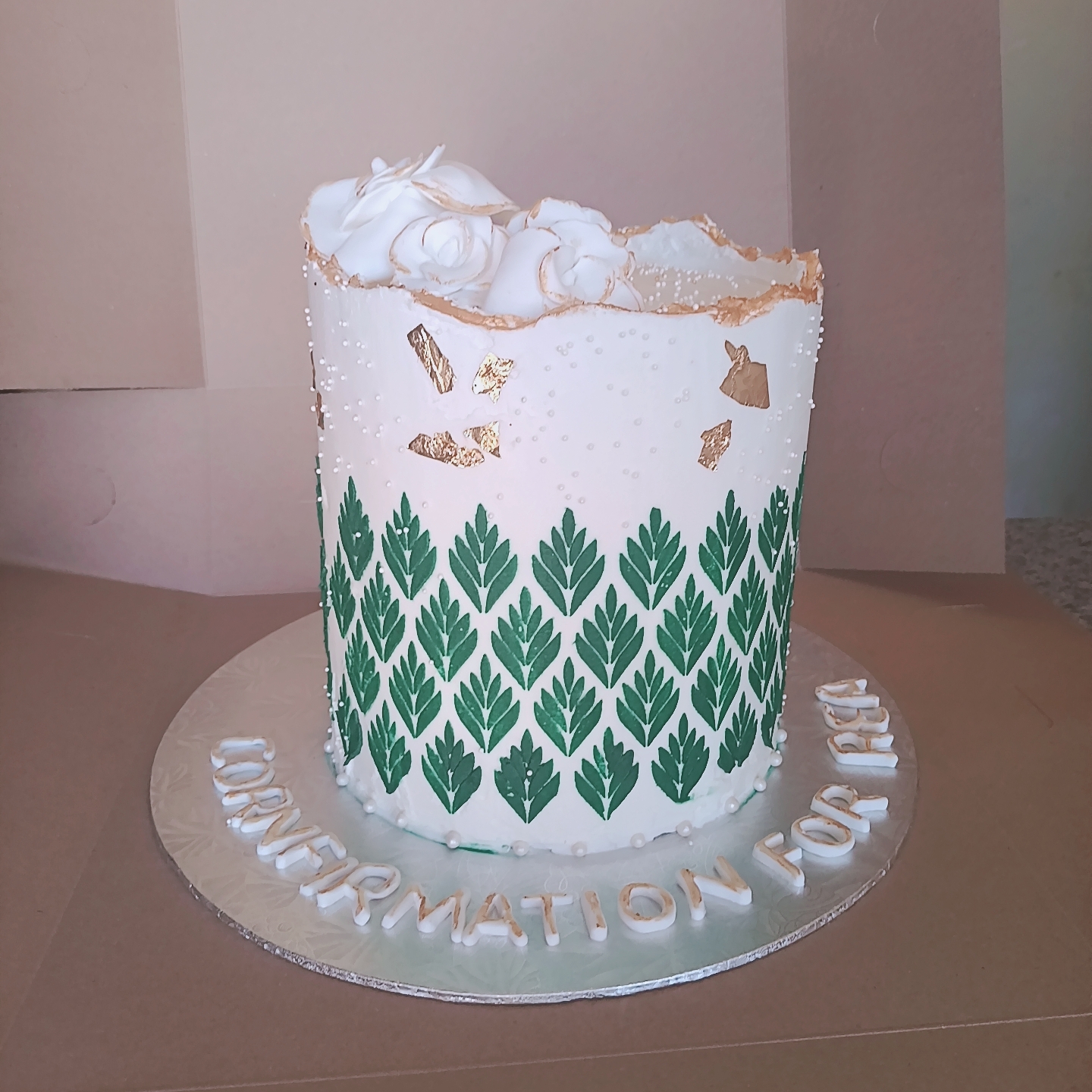 White and Green Confirmation Cake